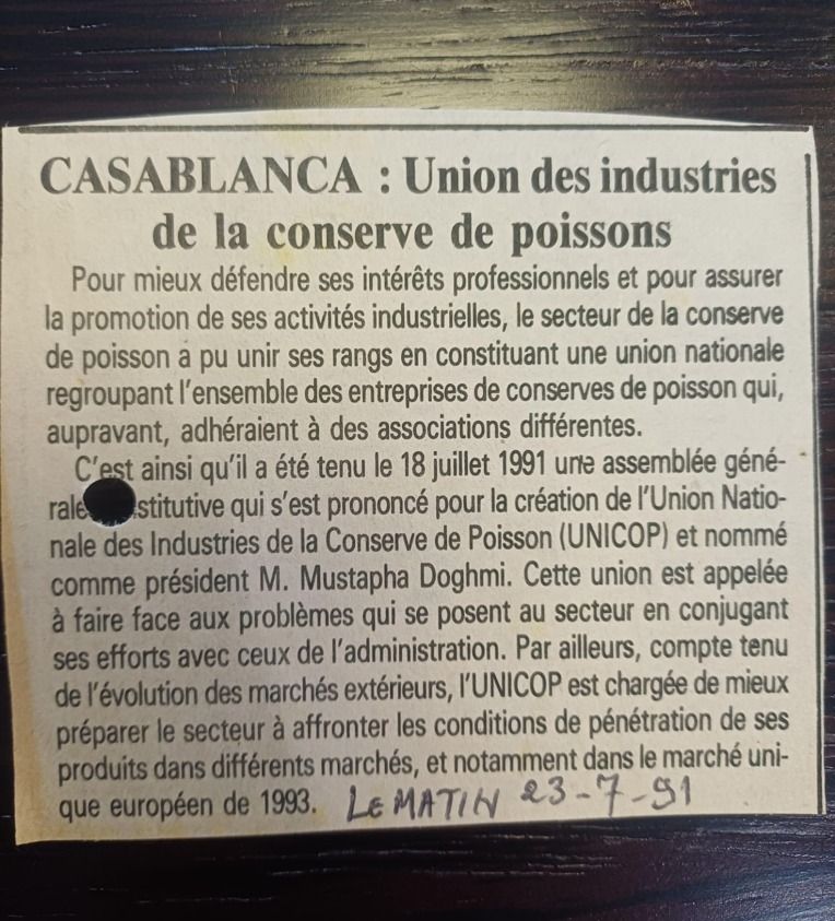 Assemblée Générale constitutive de l'UNICOP — Le Matin, 23 juillet 1991. À la tribune, M. Mustapha Doghmi, premier président de l'Union. Assemblée Générale UNICOP - Le Matin 1991